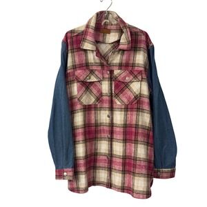 Umgee Plaid Denim Mixed Media Fringe Shacket Pink Brown K6246 Mens M